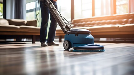 A Man Using a Floor Cleaning Machine to Clean the Floor