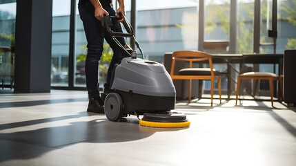 A Man Using a Floor Cleaning Machine to Clean the Floor - obrazy, fototapety, plakaty