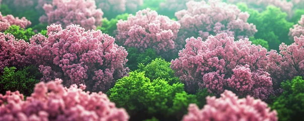 Zelfklevend Fotobehang Garden flowers in lilac, pink, and purple hues bloom beautifully amidst green leaves and bushes, capturing the essence of spring and summer © apirom