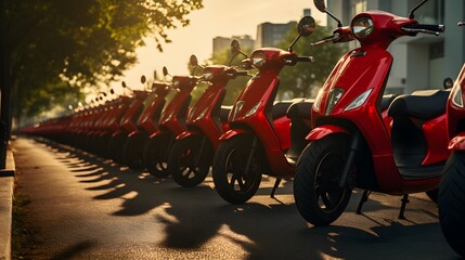 Convenient Rental Services Offer A Lineup Of Sleek, Red Electric Scooters. Сoncept Sustainable Transportation, Easy Commuting, Red Electric Scooters, Convenient Rental Services