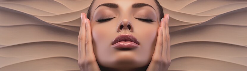 Naklejka premium An engaging image of a woman adorned with makeup, perfect as a model for face wash product advertisements, her hand gracefully resting on her rejuvenated face.