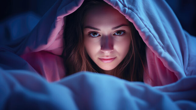Teenagers secret late-night text conversation under the blanket