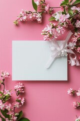 Envelope and beautiful flowering branches on pastel pink background. Flat lay, top view.