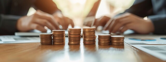 Stacks of Coins on Wooden Table