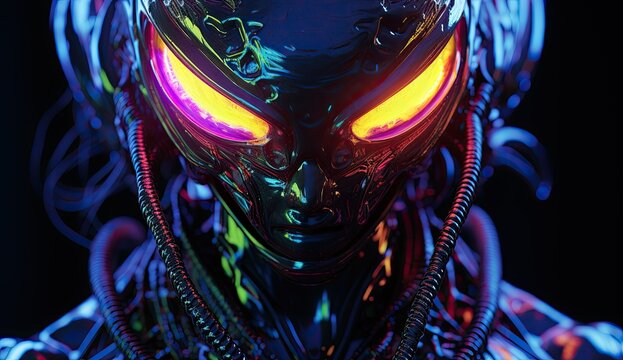 A futuristic cyborg alien with eerie glowing eyes, embodying otherworldly mystique and technological advancement.