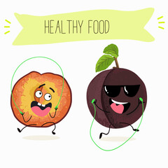 Cute  cartoon cherry plum characters with different activities. Flat vector illustration, funny fruits. Organic food.