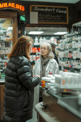 Obraz premium A pharmacist helping a woman with a doctor's prescription.