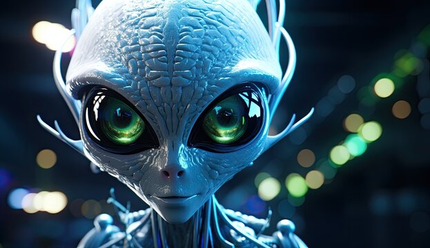 A vision of a futuristic alien cyborg, its spooky glowing eyes hinting at an enigmatic and formidable presence.