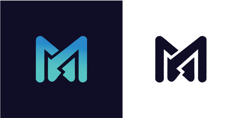 Music logo concept with two musical notes in an M letter shape. - obrazy, fototapety, plakaty