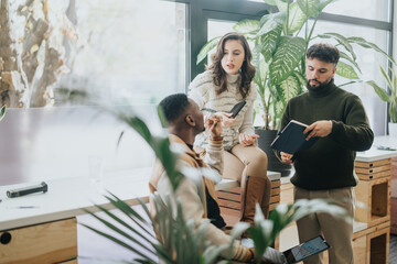 Multiracial colleagues collaborating in a corporate office, discussing data analytics and market analysis for project development. Successful teamwork in a diverse and innovative work environment.