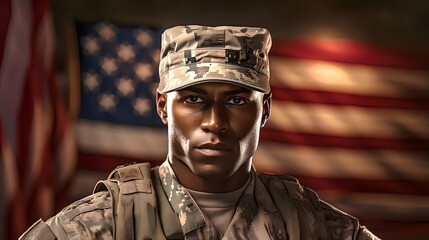 Honoring Heroes: Soldier and USA Flag in Patriotic Scene. Concept National holidays. Flag Day. Veterans Day. Memorial Day. Independence Da. Patriot Day. Generative AI.