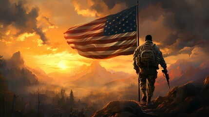 Honoring Heroes: Soldier and USA Flag in Patriotic Sunrise Scene. Concept National holidays. Flag Day. Veterans Day. Memorial Day. Independence Da. Patriot Day. Generative AI.