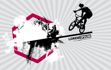 Vector banner or flyer with cyclist on the bike. Abstract poster of BMX competitions sport template. - 727203634