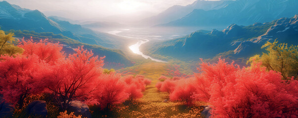 Cherry blossoms and mountainous landscape with beautiful sunny fog