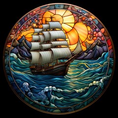 Stained glass sailing ship on sea