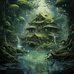 fantasy green house in the forest