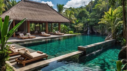A tropical swimming pool situated amidst the stunning landscape of Indonesia's captivating island is an exotic haven in Bali