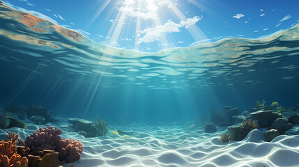 Sandy beach with light blue transparent water waves and sunlight, tranquil aerial beach scene