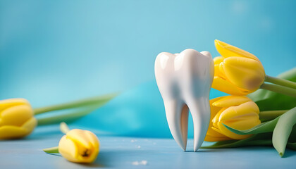 Artificial Jaw or tooth model with yellow tulips on a nice background