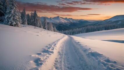 A winter scene with a snow-covered trail in the mountains at dawn