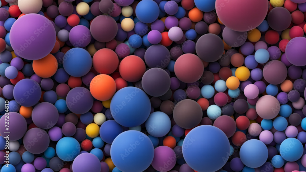 Sticker background with many colored big and small random spheres. colorful matte soft balls in different si