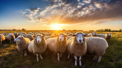 Fototapeta premium Closeup of a sheep with sheep herd in the field in the warming light of sunrise.