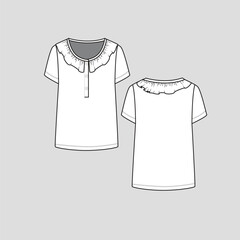 Henley Neck Ruffles Top Neckline frill Ruffles  button panel Short Sleeve Fashion T shirt top blouse flat sketch technical drawing template design vector