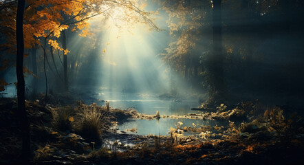  Beautiful autumn forest scene with sunshine passing through some trees.