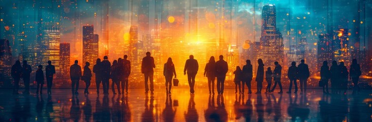 Group of People Standing in Front of a City - obrazy, fototapety, plakaty