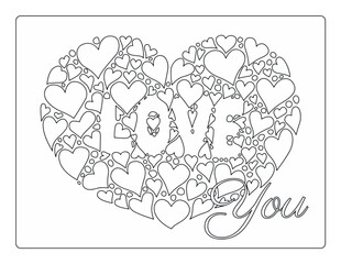 Heart coloring page with Love You written on it. Vector design with heart for Valentine's Day