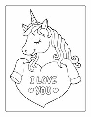 Unicorn coloring page. Cute unicorn activity page with heart, special for children's Valentine's Day. I love you.