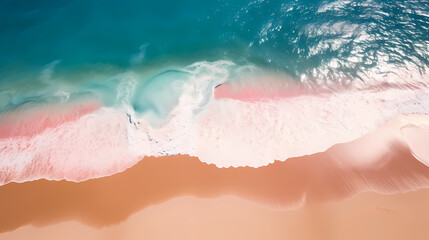 Fototapeta premium Sandy beach with light blue transparent water waves and sunlight, tranquil aerial beach scene