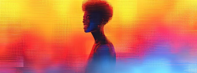 Woman Standing in Front of Colorful Background - obrazy, fototapety, plakaty