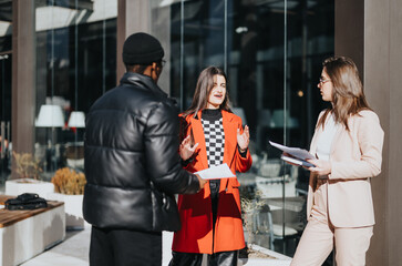 Obraz premium Two women and a man in professional attire engage in a casual business conversation outside a modern office building on a sunny day.