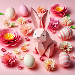 Easter bunny in origami style, among paper decorations on an Easter theme. Easter card.