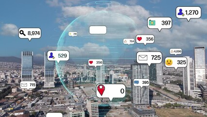 Social media icons fly over city downtown showing people engagement connection through social network application platform . Concept for online community and social media marketing strategy . High