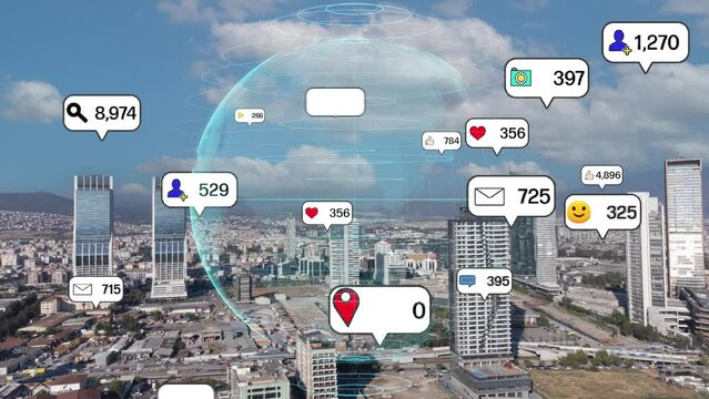 Social media icons fly over city downtown showing people engagement connection through social network application platform . Concept for online community and social media marketing strategy . High