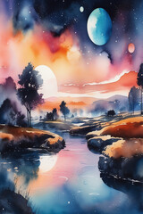 Colorful Watercolor Painting of a Serene Lake, Silhouetted Trees, and a Majestic Moon Amidst Starry Skies