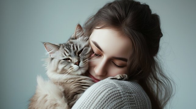 A young beautiful woman in a sweater hugs a fluffy cat. Portrait of a girl hugging a cat. Horizontal photo, uniform light background.