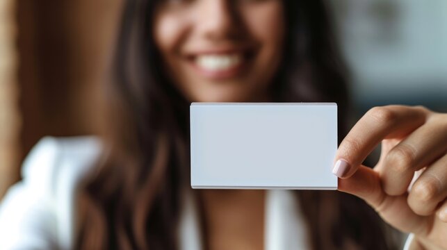 a beautiful woman holds a blank business card way out in front of her, focus on foreground