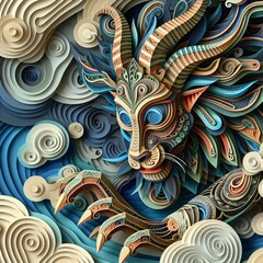 Naklejka premium Spiraled Mythos: Creatures of Afican Lore in Papercut Artistry
