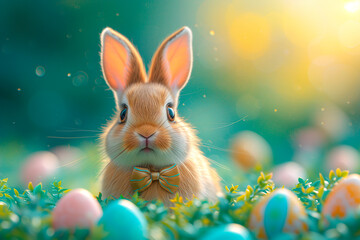 A cute fluffy Easter bunny is sitting on the lawn in the grass among the Easter eggs. Ai generative..