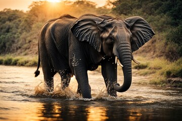 Fototapeta na wymiar elephant walking in river at sunset 