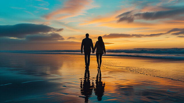 A dreamy silhouette of a couple strolling barefoot on a serene beach at sunset, their hands intertwined, radiating love, connection, and tranquility.
