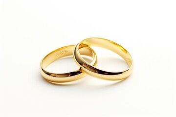 Gold wedding rings on a solid white background