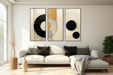 Abstract Illustration Oil Painting Wallpaper Frame, Geometric Shape Art Gallery Photo on White Sofa and Black Coffee Table White Wall. Scandinavian Boho Home Interior Design of Modern Living Room