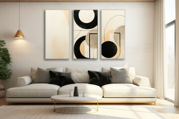 Abstract Illustration Oil Painting Wallpaper Frame, Geometric Shape Art Gallery Photo on White Sofa and Black Coffee Table White Wall. Scandinavian Boho Home Interior Design of Modern Living Room