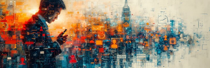A Painting of a Woman Standing in Front of a City - obrazy, fototapety, plakaty