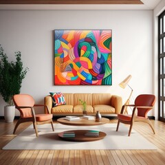 Living Room Home Interior Design with Abstract Geometric Shapes, Colorful Sofa, Modern Art Gallery Vibes, Oil Painting Illustration, Digital Art on White Wall, Perfect for Wallpaper, Frame, and Banner
