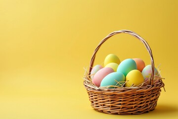 Easter wicker basket with pastel colorful eggs for festive holiday on yellow background. Greeting card with copy space.